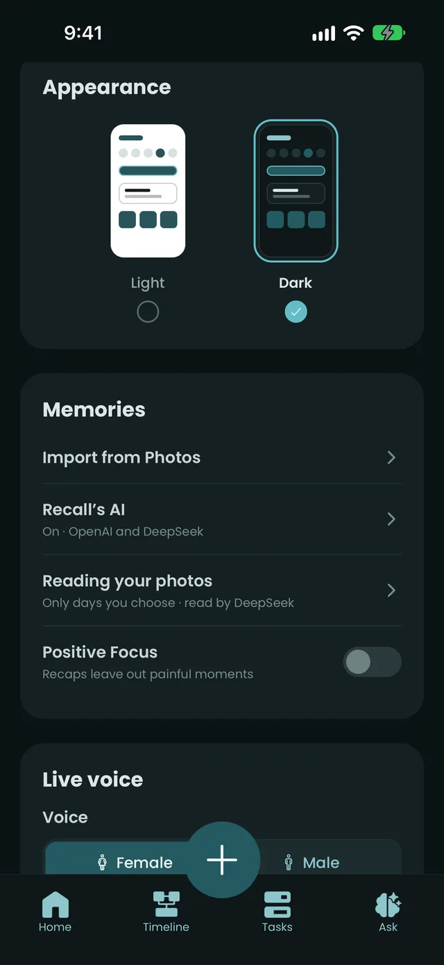 Appearance picker showing a tiny Recall in each mode